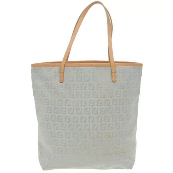 FENDI Zucchino Canvas Tote Bag Light Blue Brown Silver Auth - Picture 6 of 16